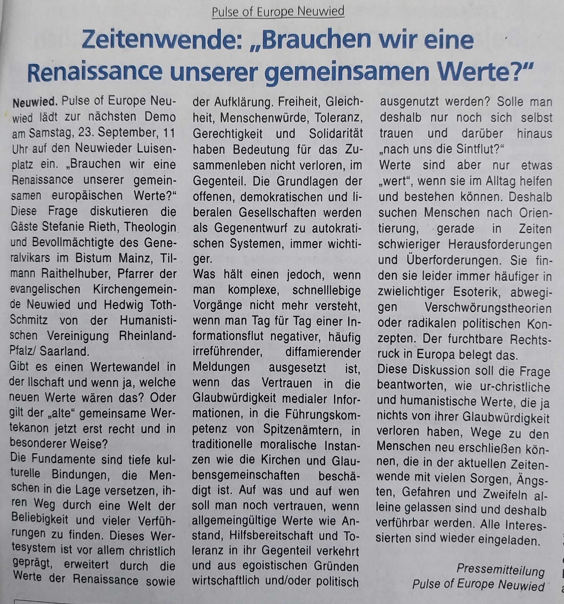 Presseartikel in der Rhein-Zeitung zur Demo von Pulse of Europe Neuwied vom 23 9.23